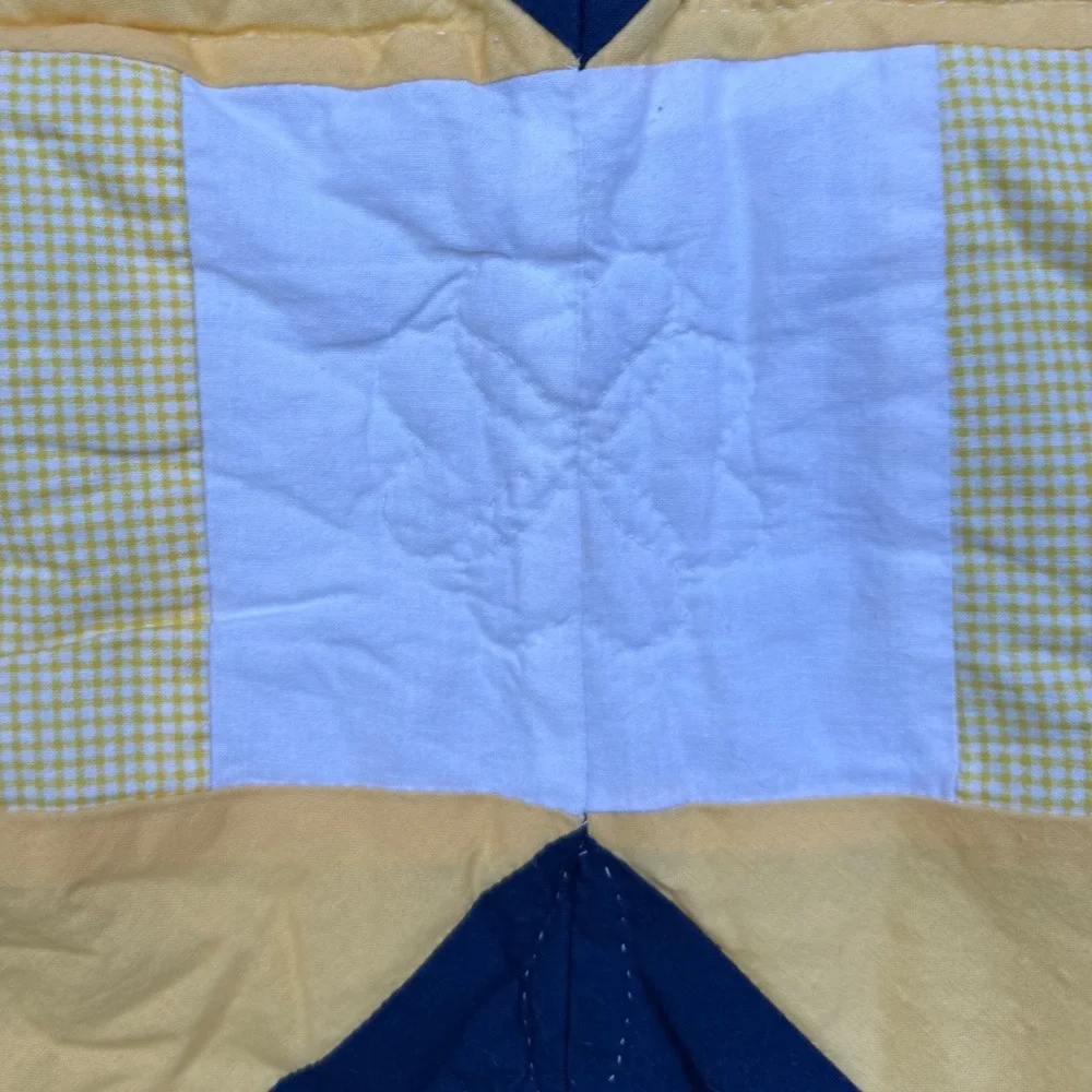 9.a.8 Vtg Handmade Hand Quilted Wall Quilt Blue Yellow Gingham Motifs 34x33.5